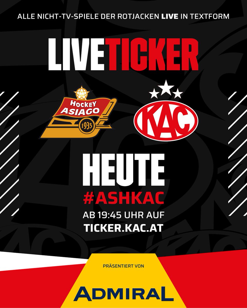 EC_KAC's tweet photo. Der Start in die zweite Saisonphase - die #Rotjacken zu Gast in Asiago. Los geht's in 15 Minuten.
Liveticker:
https://t.co/n6miql7xfF
Livestream (Pay-per-View):
https://t.co/bTh16kN2rc
#ICE #ASHKAC https://t.co/JOWyqR6fAy