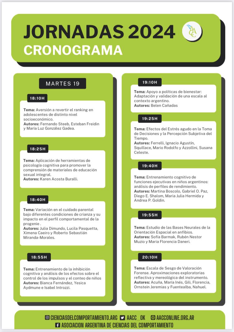 AACC_ok's tweet photo. Atención: 
Les compartimos el cronograma de las jornadas de la AACC que se llevarán a cabo los días martes 19 y miércoles 20 de noviembre de manera virtual. 

Recuerden que las inscripciones finalizan el jueves 14 inclusive.

¡Lxs esperamos! https://t.co/UaZjif4M2L
