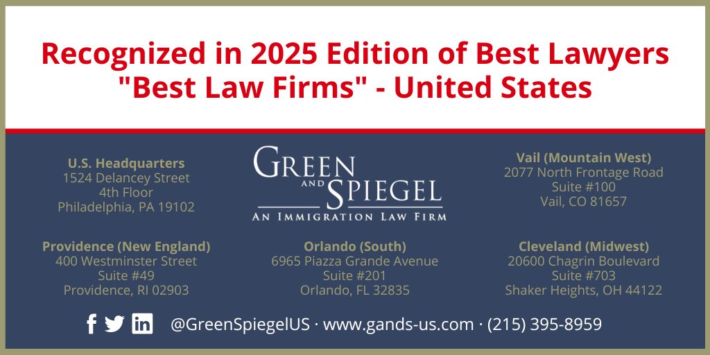 Best Lawyers has listed the 15th Edition, recognizing <a href="/GreenSpiegelUS/">Green and Spiegel, U.S.</a> for the fourth consecutive year as one of The Best Law Firms in America! Learn more here: tinyurl.com/bdfudp57 #GreenSpiegelUS #BestLawFirms #ImmigrationLaw #Philadelphia