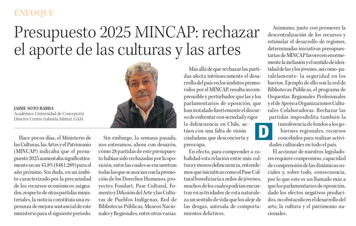 Centro GAM (@centrogam) on Twitter photo #NoEsGastoEsInversión📣 Compartimos el enfoque de Jaime Soto Barba, académico de la <a href="/udeconcepcion/">Universidad de Concepción</a> e integrante del Directorio GAM, sobre el #presupuesto2025 de <a href="/culturas_cl/">Ministerio de las Culturas</a>. #NoEsGastoEsInversión📣 Compartimos el enfoque de Jaime Soto Barba, académico de la <a href="/udeconcepcion/">Universidad de Concepción</a> e integrante del Directorio GAM, sobre el #presupuesto2025 de <a href="/culturas_cl/">Ministerio de las Culturas</a>.