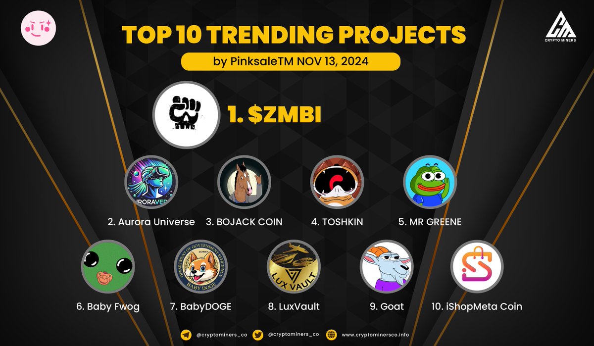 🏆 TOP 10 TRENDING PROJECTS on #PinkSale

🥇 $ZMBI - <a href="/cyber_zombi_bot/">Zombi.bot</a>
🥈 $AuroraUni - @LiveAuroraNetw1
🥉 $BOJACK - @CryptoBoJackSol
4️⃣ $TOSHKIN - @toshkincoin
5⃣ $GREENE - @MrGreeneToken
6⃣ $BFWOG - <a href="/itsababyfwog/">Baby Fwog</a>
7️⃣ $BABYDOGE - @babyd_o_g_e
8️⃣ $LUXV - <a href="/LuxVaultAI/">LuxVault</a>
9️⃣ $GOAT -