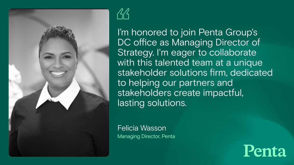 Penta Group (@pentagrp) on Twitter photo Exciting news! Penta welcomes <a href="/Felicia_Wasson/">Felicia Wasson</a>, formerly of NIKE, as Managing Director. With her extensive background in social impact and community engagement, she's set to elevate our mission. Read more about our new leadership team on our website! pentagrp.link/3CrPLjW Exciting news! Penta welcomes <a href="/Felicia_Wasson/">Felicia Wasson</a>, formerly of NIKE, as Managing Director. With her extensive background in social impact and community engagement, she's set to elevate our mission. Read more about our new leadership team on our website! pentagrp.link/3CrPLjW