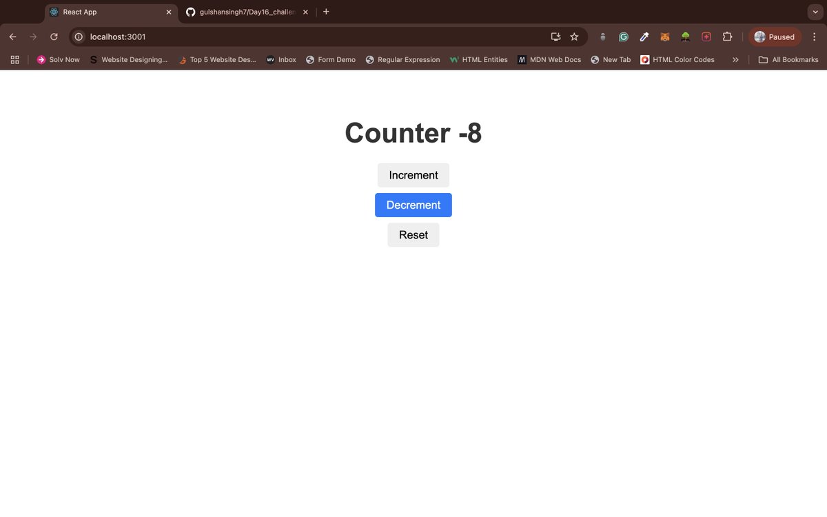 Gulshanchandr7's tweet image. Day16_challenges
#css #react #counterapp  #webdeveloper 
A counter app in React is a simple application that allows users to increment or decrement a numerical value using buttons, showcasing React&apos;s state management and event handling.

Github-repo-
github.com/gulshansingh7/…