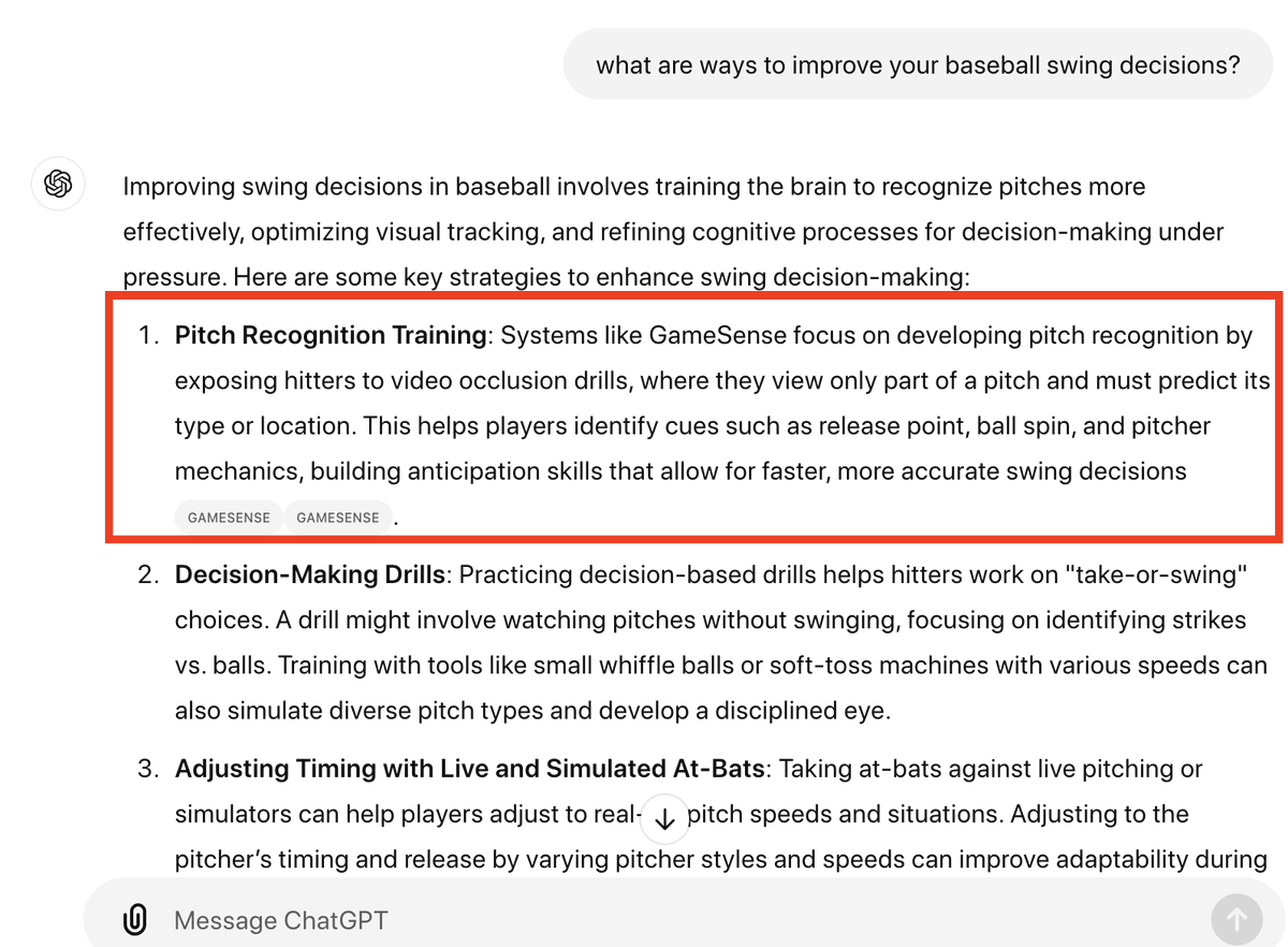 DrFadde's tweet image. Hitters looking to improve this offseason, work not only on your Swing but also your Swing Decisions.

&quot;What are ways to improve your baseball swing decisions?&quot; Ask ChatGPT ...
#PitchRecognition #WinTheWinter @gameSenseBase