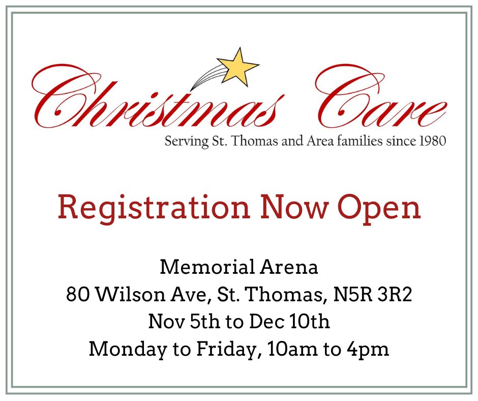 StThomasSocial1's tweet photo. Registration is now open for Christmas Care 2024. 

To register, visit the Memorial Arena at 80 Wilson Ave., St. Thomas, on Mon to Fri (10am-4pm) with your identification, proof of address, proof of income &amp; identification of anyone else living with you. https://t.co/K2q1C5sIyi
