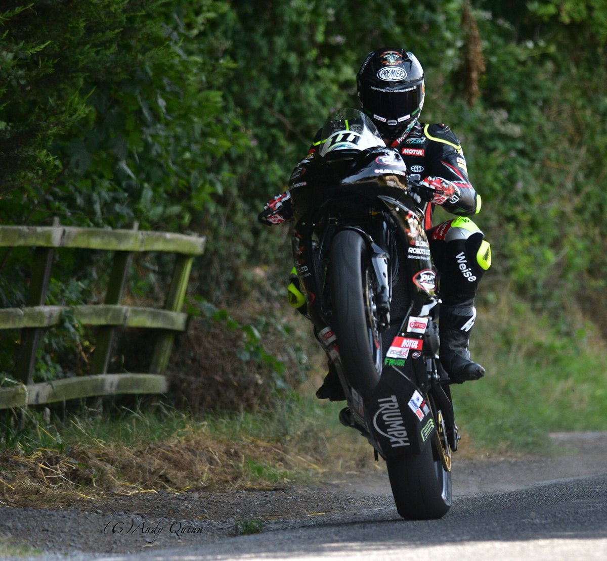 Brian McCormack delights in the lush green countryside of Faugheen and 2 extra teeth on the rear sprocket of the 765 Triumph!

Big Mac in his natural habitat.