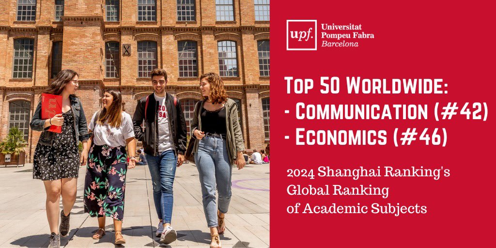 Bones notícies! 

La #UPFBarcelona situa Comunicació i Economia en el top 50 mundial dins el rànquing de Shanghai de disciplines 2024

L’enhorabona a totes les persones que formen part de la #UPFBarcelona!

#ShanghaiRanking #ARWU

upf.edu/web/focus/inic…