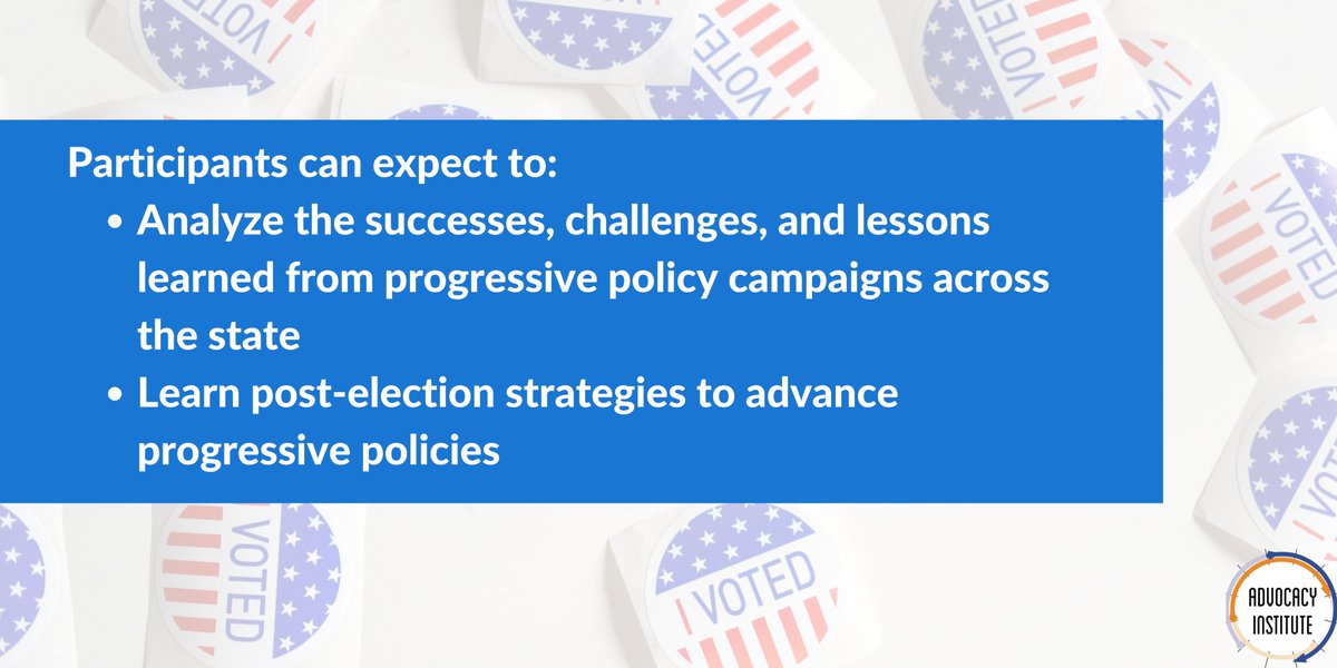 Advocacy Institute (@helloadvocacy) on Twitter photo Register here: bit.ly/125election
The deadline to register for this training is Tuesday, December 3rd.
If you are interested in being a member or have questions about membership, please email membership@advocacy-institute.org. Register here: bit.ly/125election
The deadline to register for this training is Tuesday, December 3rd.
If you are interested in being a member or have questions about membership, please email membership@advocacy-institute.org.