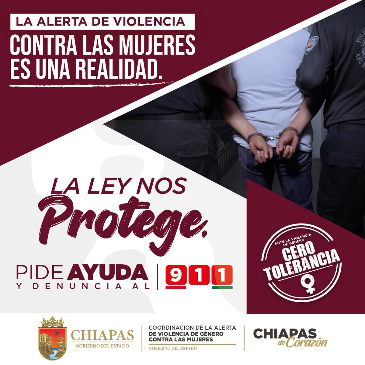 En Chiapas trabajamos para prevenir, atender, sancionar y erradicar todo tipo de violencia contra las mujeres y niñas. Pide ayuda y denuncia al 911, la ley las protege.

#AltoALaViolencia #AVGMChiapas #CeroTolerancia