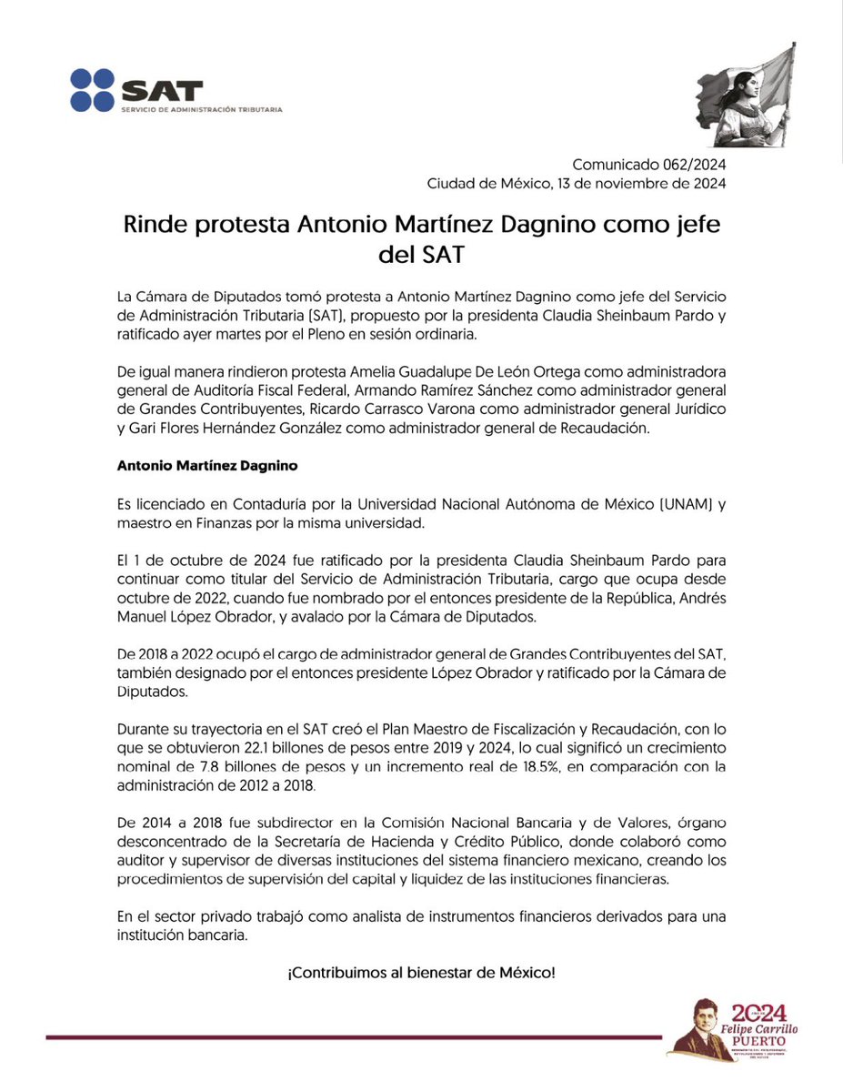 SATMX's tweet photo. #ComunicadoSAT

Tras ser ratificados por la @Mx_Diputados rindieron protesta ante el Pleno, Antonio Martínez Dagnino como jefe del Servicio de Administración Tributaria, Amelia Guadalupe De León Ortega como administradora general de Auditoría Fiscal Federal, Armando Ramírez Sánchez como administrador general de Grandes Contribuyentes, Ricardo Carrasco Varona como administrador general Jurídico y Gari Flores Hernández González como administrador general de Recaudación.

El equipo del SAT agradece la confianza de la presidenta @Claudiashein y del secretario de @Hacienda_Mexico para continuar al frente de la institución y seguir trabajando con responsabilidad y honestidad a fin de fortalecer la recaudación y dar la mejor atención al contribuyente. 

¡Contribuimos al bienestar de México!