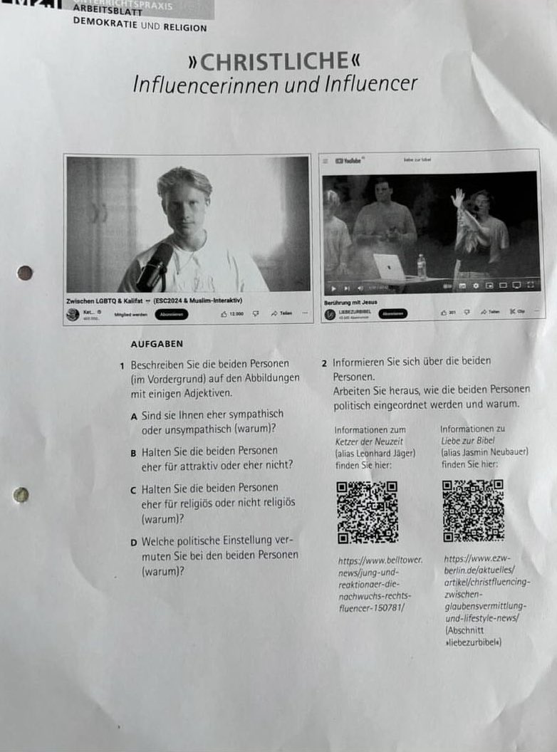 Schulaufgabenblatt “Demokratie &amp; Religion”
“Halten Sie die Personen eher für attraktiv oder eher nicht?” Was ist das bitte? 😂

PS: Belltowernews als Quelle ist auch wirklich bodenlos.