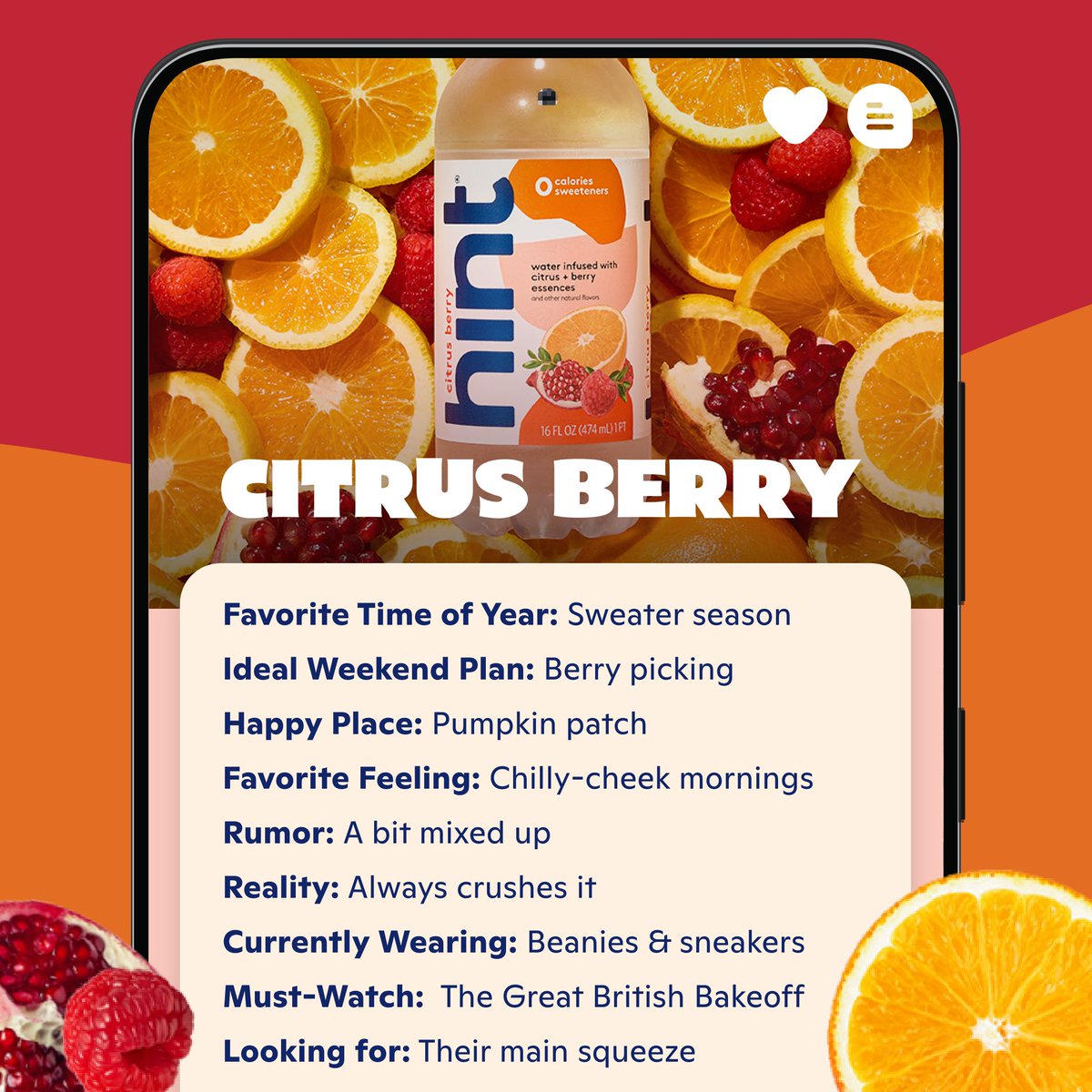 hint's tweet photo. Bright and zesty Citrus Berry is a fresh, cool pick for holiday gatherings. 🍊❤️ RT this tweet for a chance to win a Holiday Variety Pack that includes this seasonal flavor. #HintWater 

#Giveaway ends 11/20. Winner notified via DM by 11/25. Full rules: https://t.co/b1qXloi3ZF https://t.co/8urRaCbjiE