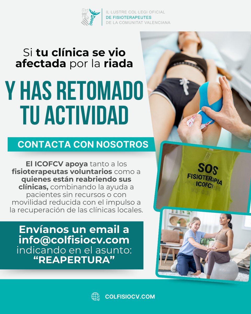 Icofcv's tweet photo. Tu clínica de #fisioterapia fue afectada por la riada y ya estás atendiendo de nuevo? Envía un email a 📩 info@colfisiocv.com con el asunto: "𝗥𝗘𝗔𝗣𝗘𝗥𝗧𝗨𝗥𝗔"
En #ICOFCV, te apoyamos en reactivar tu clínica y conectar con pacientes que lo necesiten. ¡Unamos fuerzas! https://t.co/eHWWYsHl4L