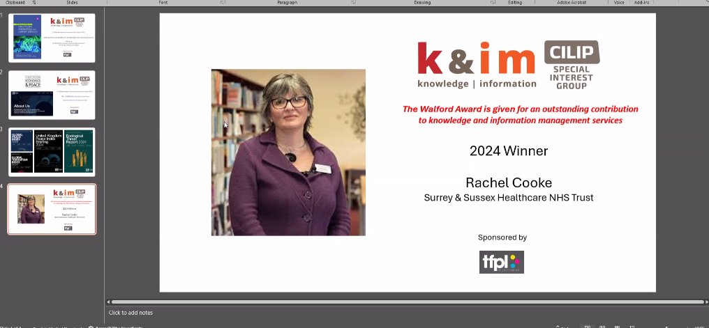 Wonderful to see 2024 Walford Award presented by <a href="/SueLaceybryant/">Sue Lacey Bryant</a> to Rachel Cooke. A worthy winner in shaping the application of knowledge management in NHS Knowledge and Library Services.

<a href="/SASHLibs/">SASH Library Service 📚💙</a> @NHSKLS <a href="/NHSE_WTE/">NHS England Workforce, Training and Education</a>