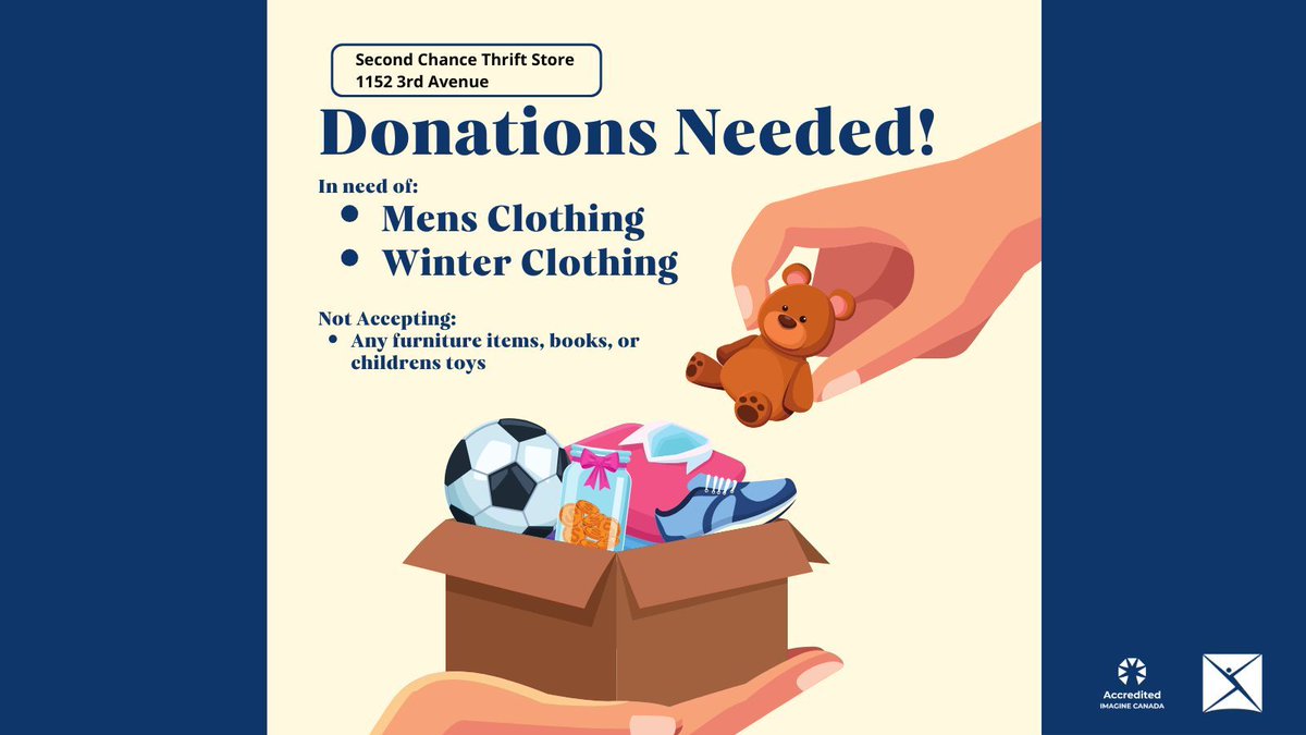 Donations Needed!

We are currently in need of Mens clothing &amp; Winter clothing for our Second Chance Thrift Store!

We are not accepting any furniture, books or children's toys.

If you have any questions, please stop by or call our office at #250-564-8644

#CMHANBC #SecondChance