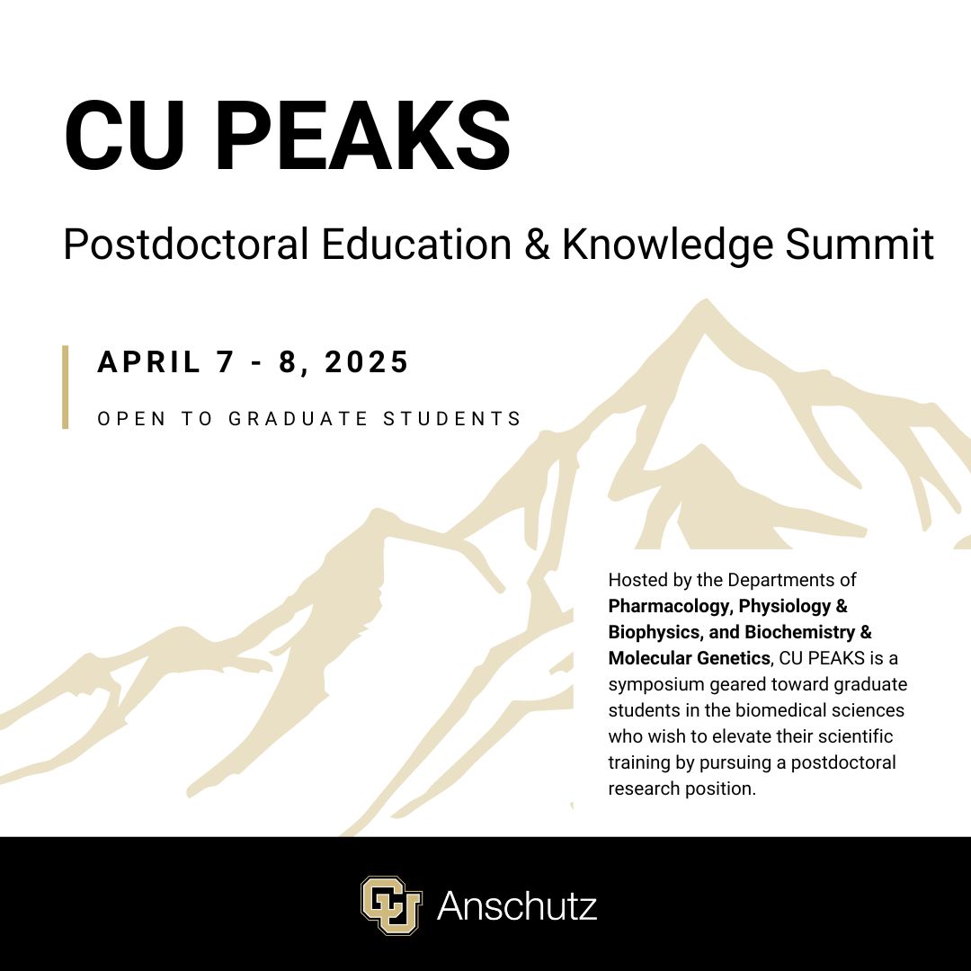 CU Pharmacology (@cupharmacology) on Twitter photo Interested in doing your postdoc with the Department of Pharmacology at <a href="/CUAnschutz/">CU Anschutz Medical Campus</a>? Join us for our Postdoctoral Education & Knowledge Summit with <a href="/cuanschutz_dpb/">CU Physiology and Biophysics</a> and the Department of Biochemistry & Molecular Genetics!
Applications close December 1st. bit.ly/CU-PEAKS Interested in doing your postdoc with the Department of Pharmacology at <a href="/CUAnschutz/">CU Anschutz Medical Campus</a>? Join us for our Postdoctoral Education & Knowledge Summit with <a href="/cuanschutz_dpb/">CU Physiology and Biophysics</a> and the Department of Biochemistry & Molecular Genetics!
Applications close December 1st. bit.ly/CU-PEAKS