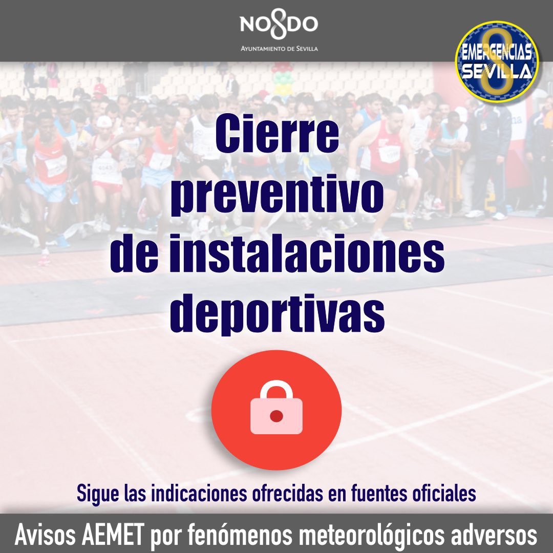 🔐Cierre preventivo de parques e instalaciones deportivas #14Nov

El <a href="/Ayto_Sevilla/">Ayuntamiento de Sevilla</a>  ha acordado al cierre preventivo de parques e instalaciones deportivas, ante la previsión de lluvias en la ciudad de Sevilla durante el día de mañana jueves #14Nov.
<a href="/AEMET_Esp/">AEMET</a>  ha activado un