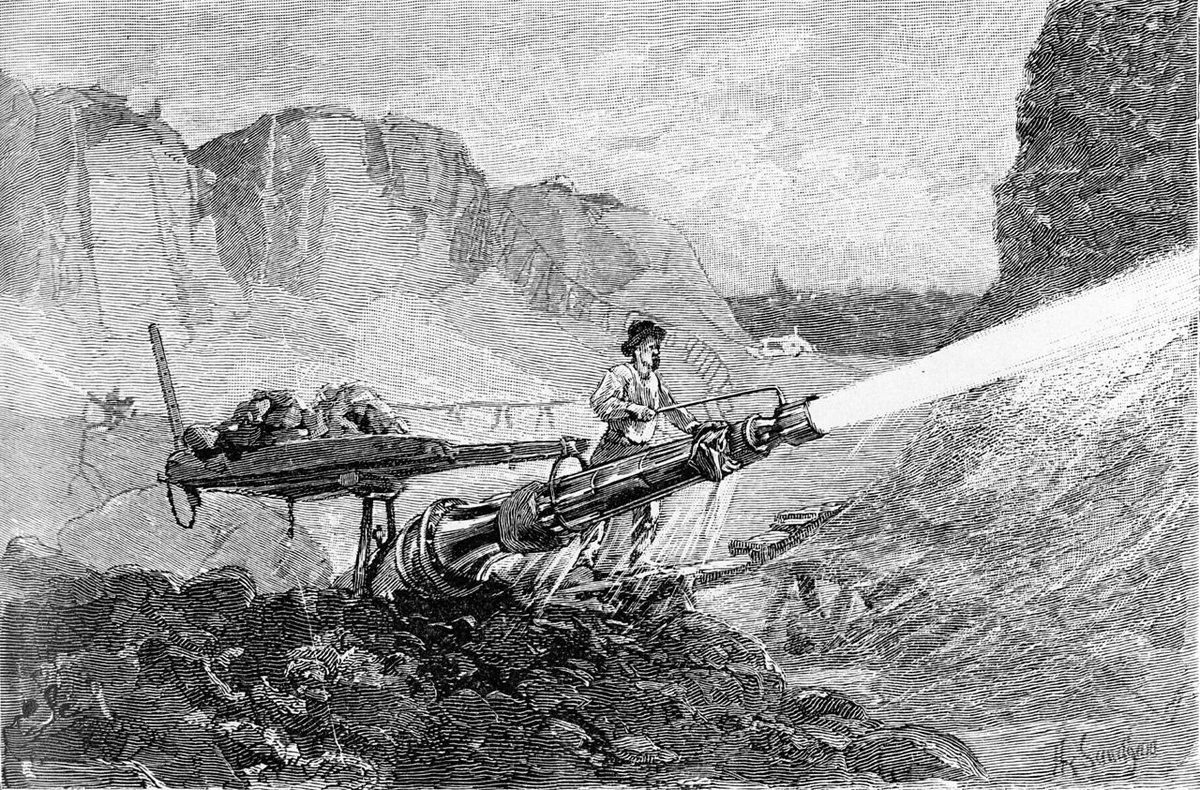 growthmindset75's tweet photo. [4/10] Mining techniques evolved from simple panning to more complex methods like hydraulic mining. These methods were effective but devastating to the environment. #MiningTechniques https://t.co/hHmpI8a1ZW