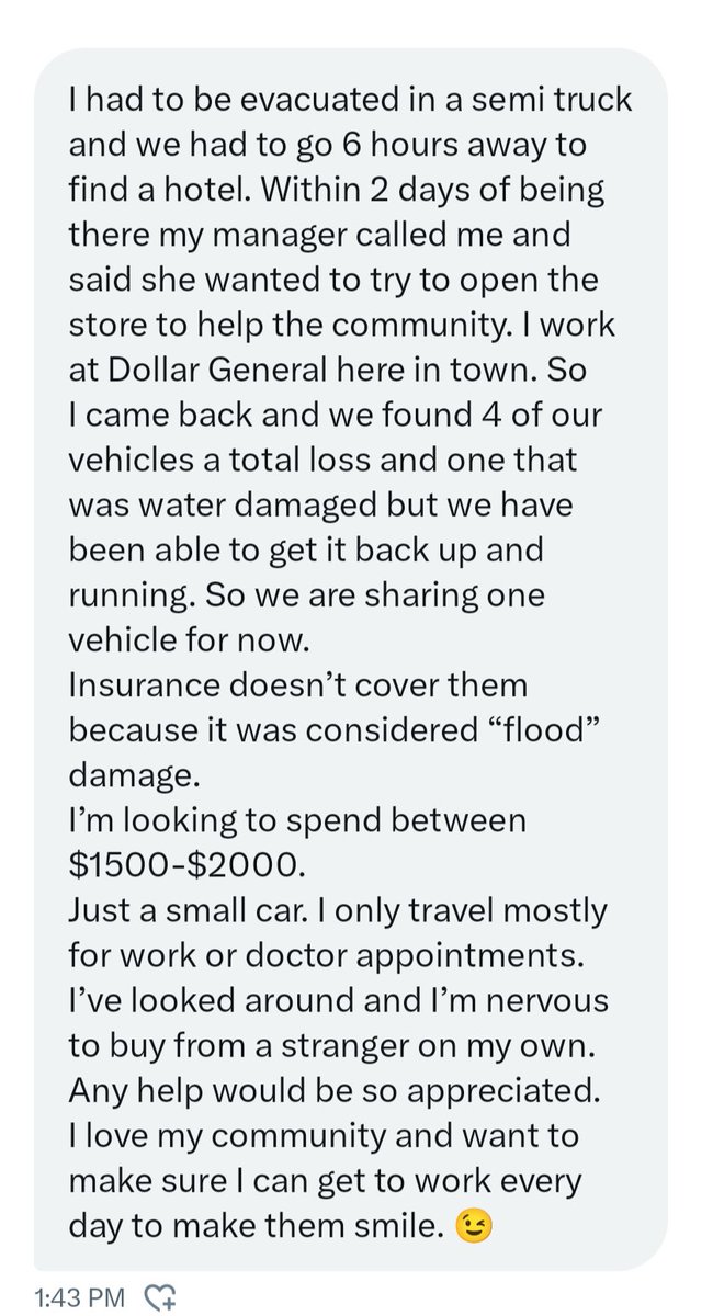 HeleneHelpWNC's tweet photo. Hey guys, Dawn lives in Black Mountain &amp; lost her car. She is looking for a RELIABLE small car to get to work &amp; medical appts.  Anyone have something that would work in her budget? #plsshare #helpneeded #NCStrong https://t.co/0V9KXMIqUk