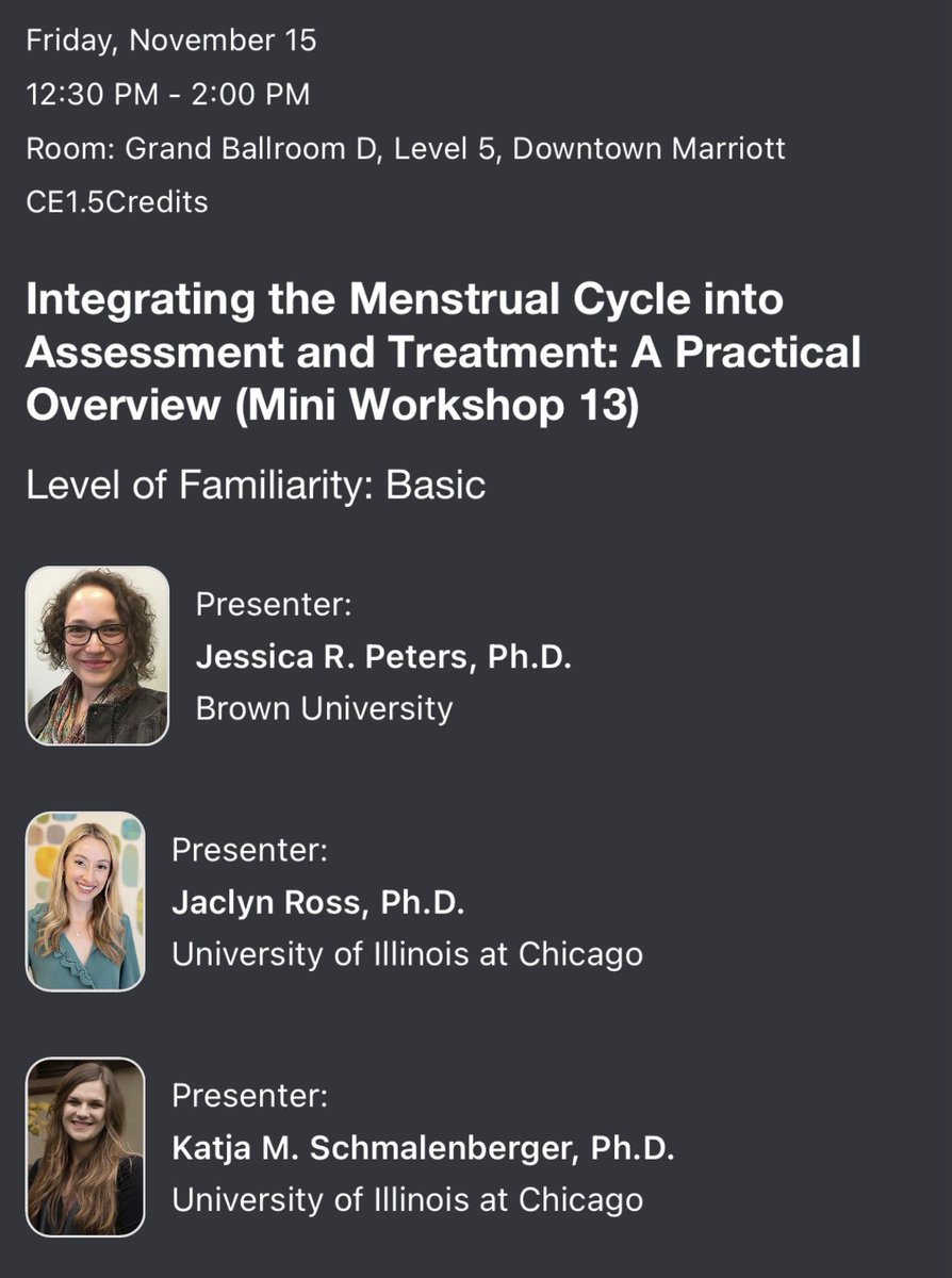 jrpeters's tweet image. Getting excited for #ABCT2024! Come to our workshop (Fri at 12:30) on Integrating the Menstrual Cycle in Assessment and Treatment: A Practical Overview. @DrJaclynRoss, @katjaschmalen, and I will give a primer on an issue that affects over *half* of AFABs w mood disorders!