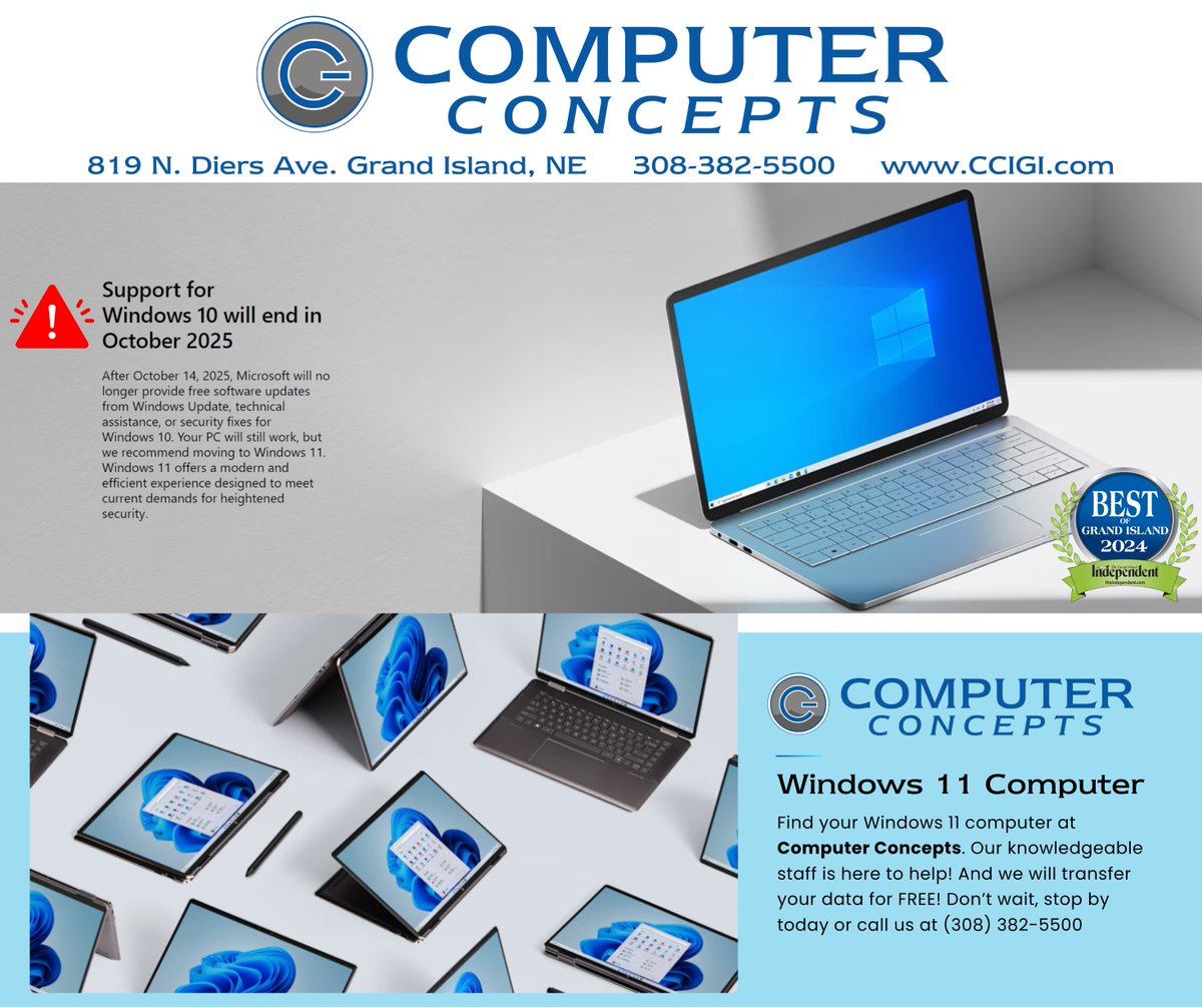 ComputerConcept's tweet image. Support for Windows 10 ends October 25th, 2025. Don't wait until it's too late!  Stop by and talk to our knowledgeable staff about Windows 11 computer options today and we will transfer your data for FREE!