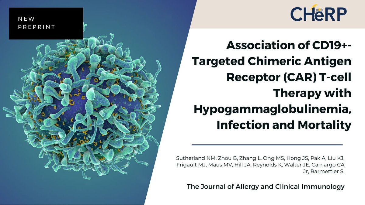 New Article! <a href="/CHeRP_DPM/">CHeRP</a> faculty Mei-Sing Ong and team's paper Association of CD19+-Targeted Chimeric #Antigen #Receptor (CAR) #T-cell #Therapy with #Hypogammaglobulinemia, #Infection and #Mortality is featured in JACI!

Read More Here: buff.ly/4fELetn
