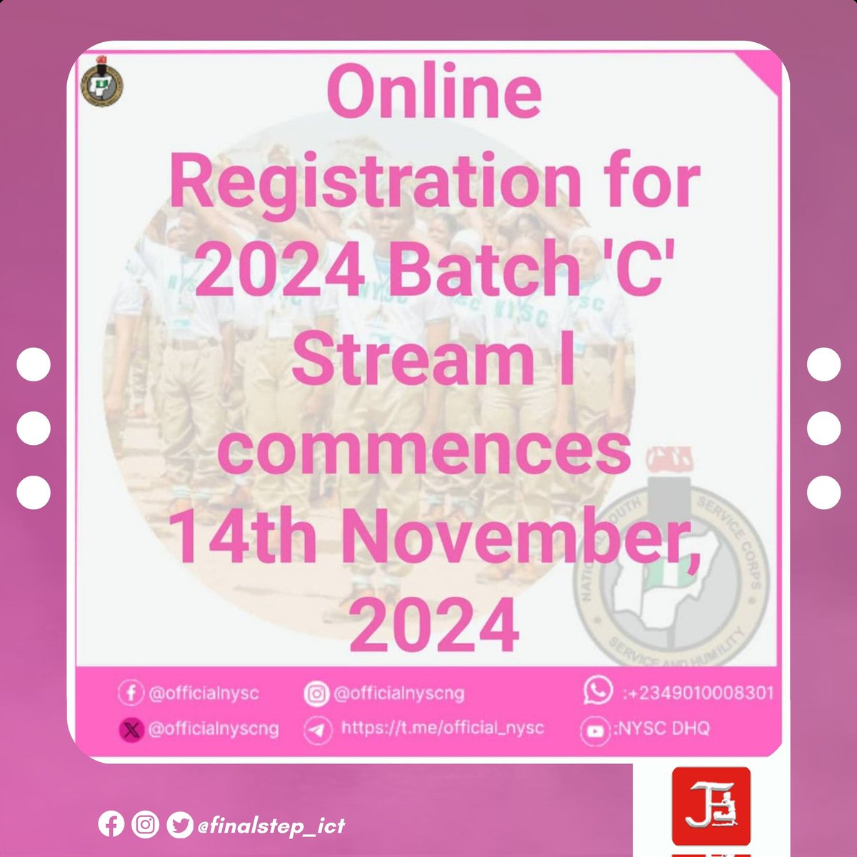 finalstep_ict's tweet photo. NYSC ONLINE REGISTRATION COMMENCES TOMORROW, THURSDAY 14TH NOVEMBER 2024. https://t.co/pQ5DEEsPRh