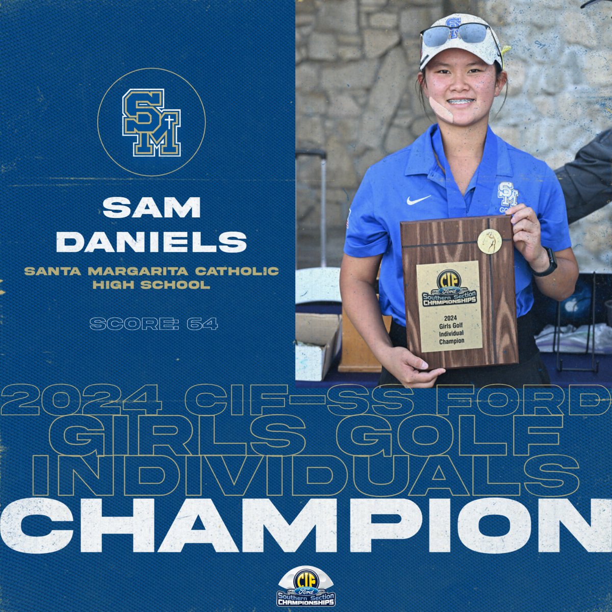 CIFSS's tweet photo. With a score of 64, Sam Daniels from @SMCHSEagles is your 2024 CIF Southern Section @socalford Girls Golf Individuals CHAMPION! ποΈββοΈπ
β³οΈ Jude Lee from @OLu_Athletics is your Runner Up (68)!
β³οΈ Gabriella Gu from @UNI_ATHLETICS comes in Third Place (69)!
#CIFSSGolf https://t.co/evVMszdZuO
