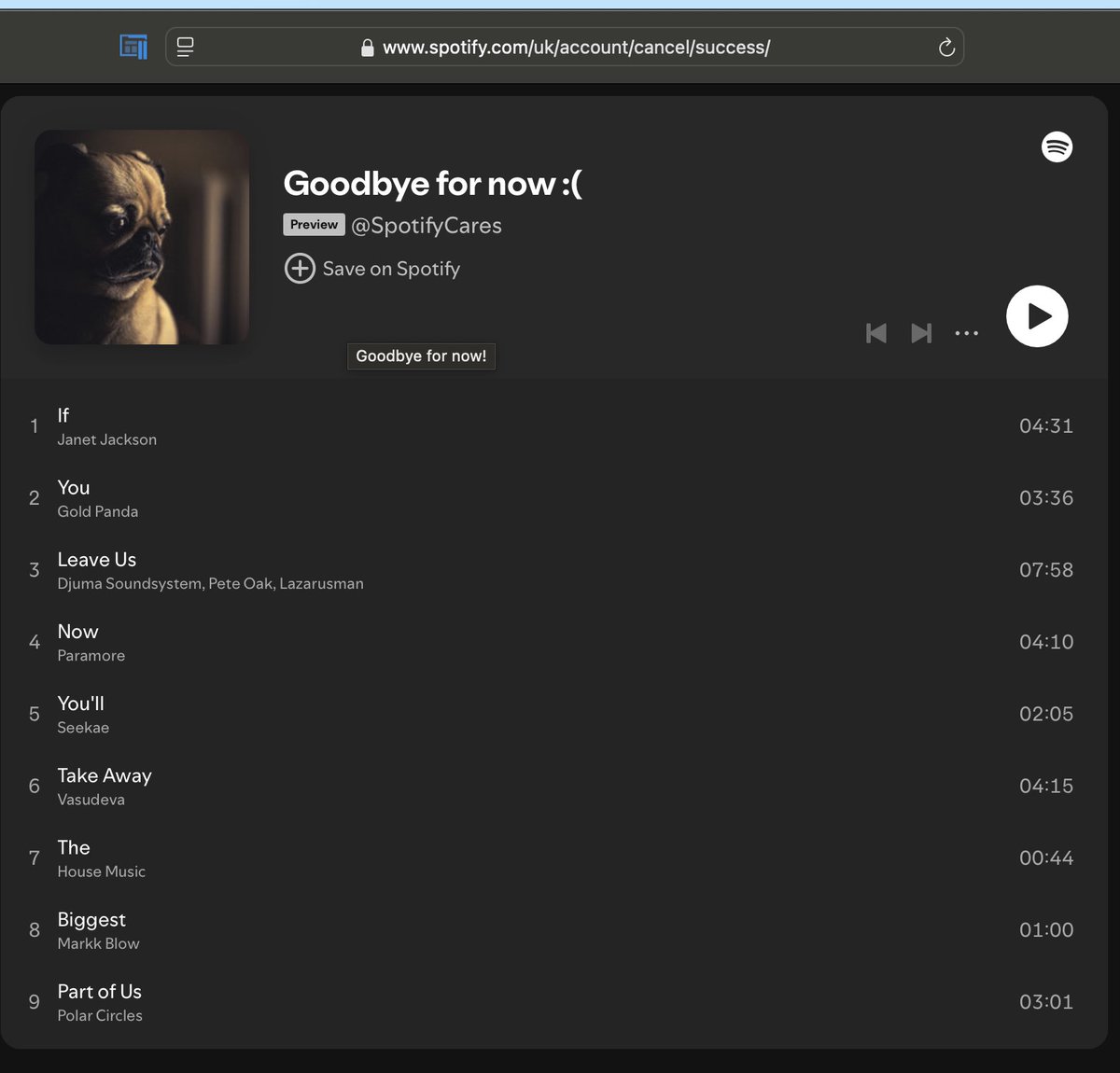 Leaving <a href="/Spotify/">Spotify</a> after 15 or so years as a customer.. Switching Youtube Music to keep the costs down.. But they have a good way of saying goodbye :-)