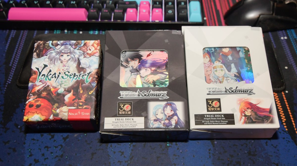 I'm home from work sick so I'm going through some stuff and pics I hadn't shown yet.

First, kickstarter rewards: Beautiful Ghibli themed puzzles, Tokyo Highway Rainbow City (+ 2-player set to allow up to 6), and Yokai Septet. Also 2 Weiss/Schwarz decks from London.