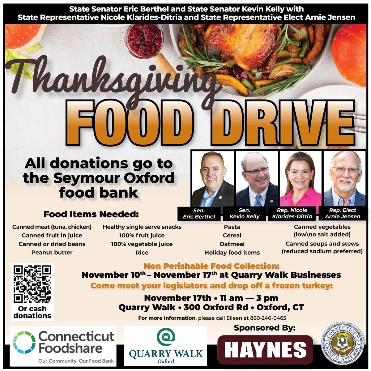21KevinKelly's tweet photo. Join us on Sunday, November 17th, for a Thanksgiving Food Drive! The drive, which benefits the Seymour Oxford Food Bank, will take place at Quarry Walk in Oxford from 11:00 a.m. to 3:00 p.m. Make sure to stop by and support our local communities this holiday season. https://t.co/bQ9KTYZKnX