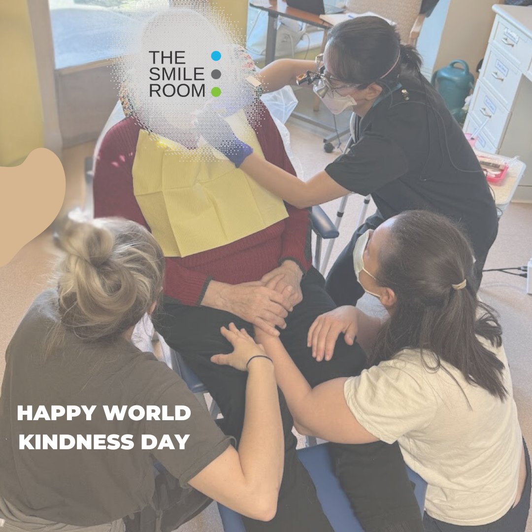 TheSmileRoom3's tweet photo. On #WorldKindnessDay, there’s no better picture of kindness than this: our dental hygienist, joined by two wonderful PSWs, cheering on this resident as he gets his teeth cleaned. Three huge hearts all in, ensuring his experience is gentle, joyful, and full of warmth #TheSmileRoom https://t.co/3s29lPJdbW