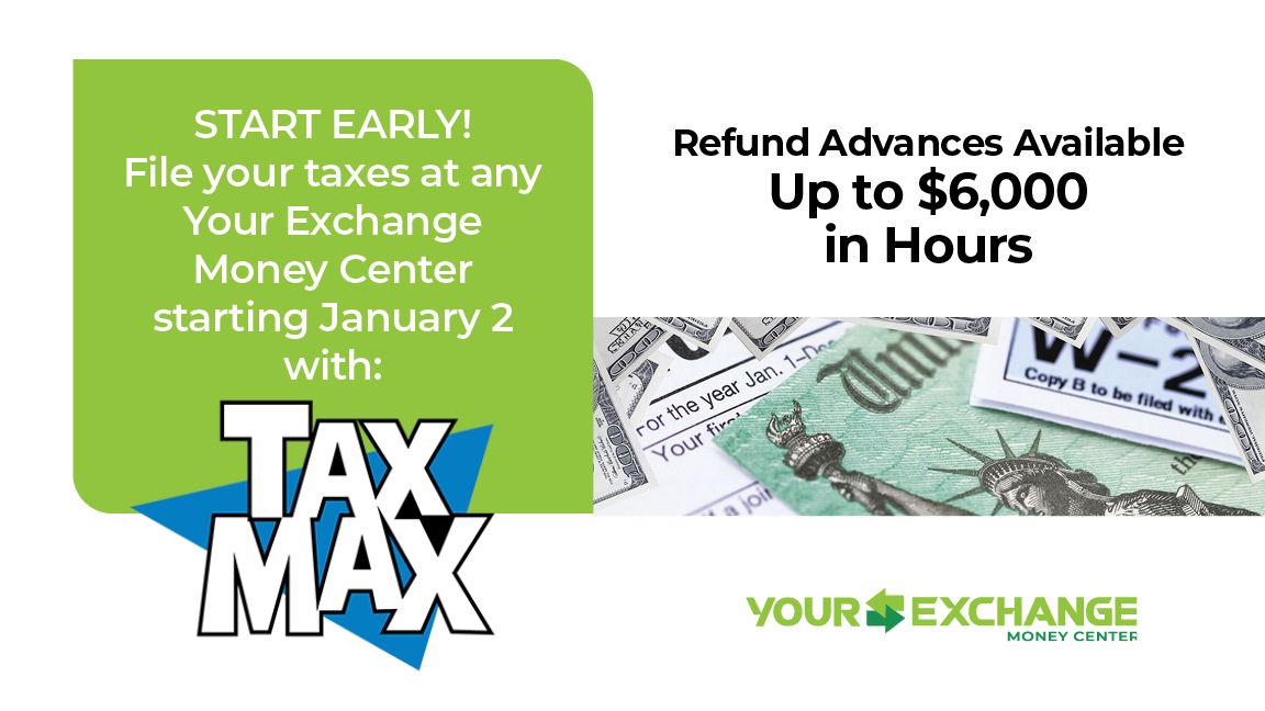 yourexchange's tweet photo. Maximize your tax refund this season with our tax preparation services. Plus, with our refund advance, you can access up to $6,000 cash on the same day you file. #TaxPreparation#RefundAdvance #MaximizeRefund #YourExchange #TaxSeason
https://t.co/VAd2Bsmv2p https://t.co/pxmHxLudoY
