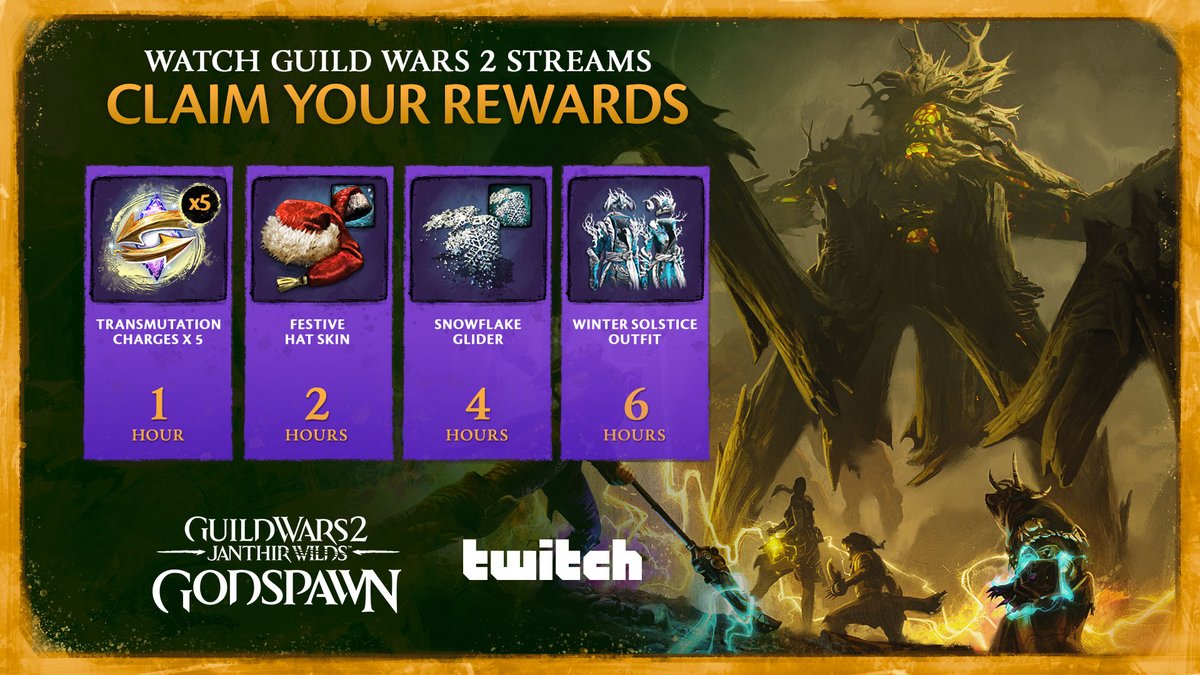 GuildWars2's tweet photo. We'll be celebrating the release of Godspawn - the first of three major updates for #GuildWars2: Janthir Wilds next week with @Twitch Drops from November 19-24! Ready up and link your account now at https://t.co/PZh5jt2cOT https://t.co/jZCTQ5YUFZ
