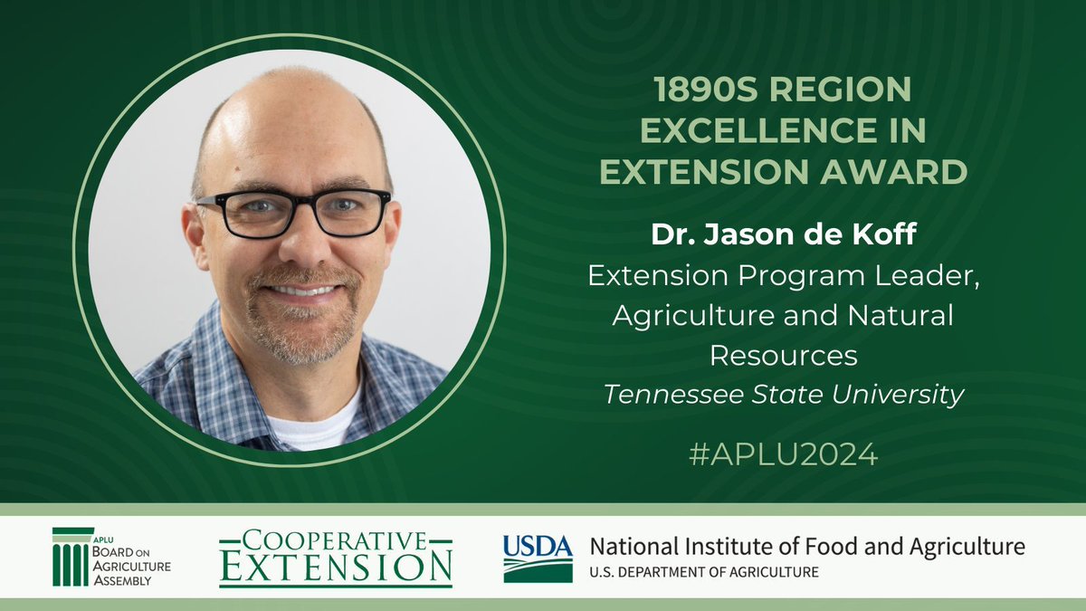 AgIsAmerica's tweet photo. Congratulations to Dr. Jason de Koff, @TSUedu, recipient of the 1890s Region Excellence in Extension Award! https://t.co/azZ35T1Gw9 @USDA_NIFA @1890foundation @TSUCollegeofAG https://t.co/fmAvaTEOee