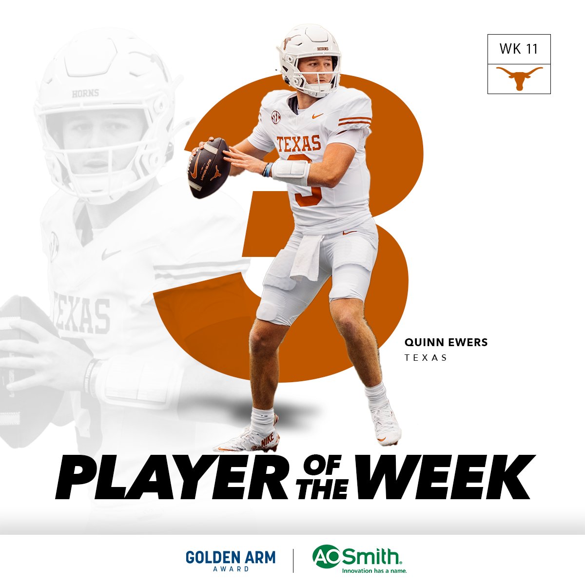 Golden Arm Award (@goldenarmaward) on Twitter photo Quinn FTW!
Texas quarterback Quinn Ewers is our <a href="/AOSmithHotWater/">A. O. Smith</a> Player of the Week. Quinn passed for five touchdowns to earn Player of the Week for week 11, 2024.
Ewers threw for 333 yards to lead the 8-1 Longhorns to a 49-17 win over Florida.
For the season, Ewers has Quinn FTW!
Texas quarterback Quinn Ewers is our <a href="/AOSmithHotWater/">A. O. Smith</a> Player of the Week. Quinn passed for five touchdowns to earn Player of the Week for week 11, 2024.
Ewers threw for 333 yards to lead the 8-1 Longhorns to a 49-17 win over Florida.
For the season, Ewers has