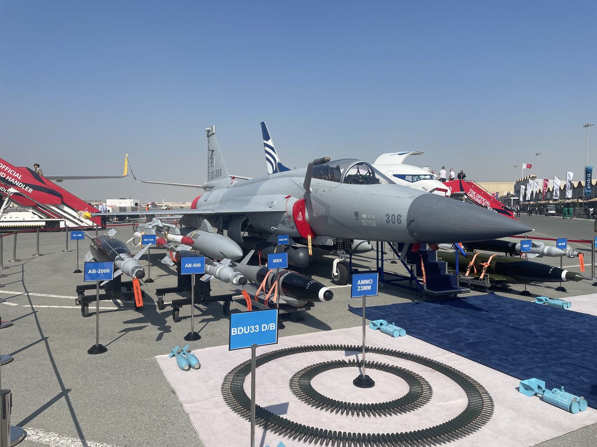 warnesyworld's tweet photo. The #PakAF Block 3 JF-17C had a good selection of weapons positioned around it today. A third Block III squadron will probably stand up next year. @BahAirshow #BIAS2024 https://t.co/7Ajr8gky2Y