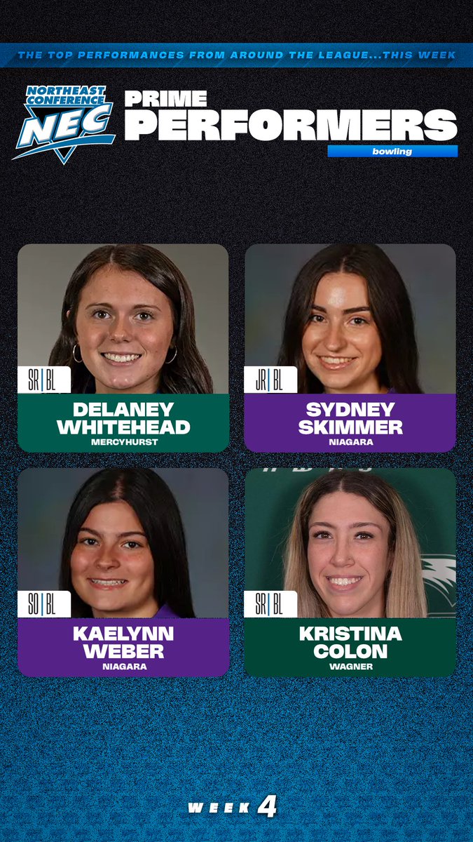 👀Check out the #NECPrimePerformers from Week #️⃣4️⃣ of #NECBOWL! 💯🎳

🔹Delaney Whitehead, <a href="/HurstAthletics/">Mercyhurst Lakers</a> 
🔹Sydney Skimmer &amp; Kaelynn Weber, <a href="/NUPurpleEagles/">Niagara Purple Eagles</a> 
🔹Kristina Colon, <a href="/WagnerAthletics/">Wagner Seahawks</a>