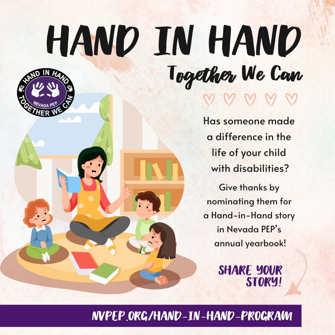 NevadaPEP's tweet image. Has someone made a difference in the life of your child with disabilities? 🤲 Give thanks by nominating them for a Hand-in-Hand story in Nevada PEP’s annual yearbook! nvpep.org/hand-in-hand-p…

#disabilityadvocate #specialeducationteacher #childhooddisability #InclusiveEducation