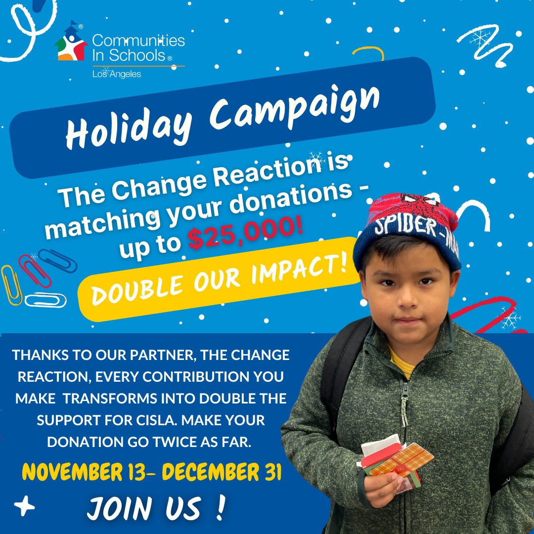 CISLosAngeles's tweet photo. Starting today, every dollar you donate to CISLA will be matched (up to $25k) by our partners at The Change Reaction! Help keep students on track and ready to succeed. 💙 Donate here:  https://t.co/muqyF8V86L #Give #SupportStudents #Education #Donate https://t.co/N6cEEHJgCn