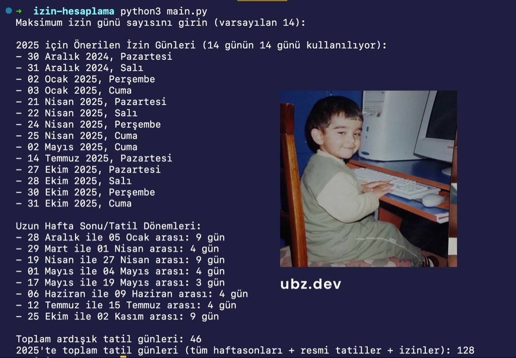 2025’de en optimize izin günlerini hesaplayan kod yazdım 14 günlük izin kullanarak 46 gün yatabiliyorsunuz. YTD