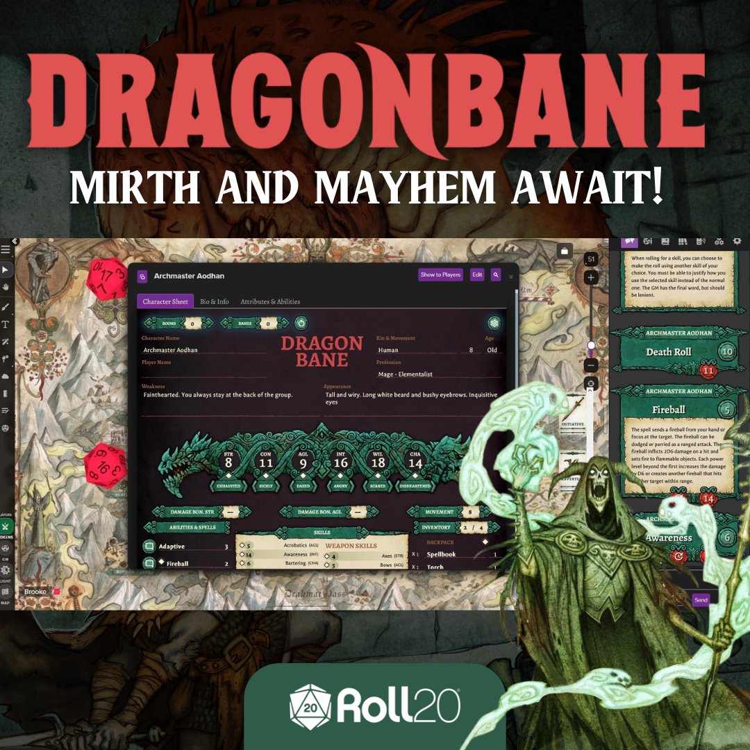 Roll20 (@roll20app) on Twitter photo Is this the prettiest character sheet on Roll20? 😳
Dragonbane by <a href="/FreeLeaguePub/">Free League Publishing</a> is a fantasy RPG that's easy to run, fast to learn, and packed with adventure.
And rolling a Nat 1 in this game is GOOD. Low rollers, unite!
Explore the Misty Vale, create your character today ⛰️ Is this the prettiest character sheet on Roll20? 😳
Dragonbane by <a href="/FreeLeaguePub/">Free League Publishing</a> is a fantasy RPG that's easy to run, fast to learn, and packed with adventure.
And rolling a Nat 1 in this game is GOOD. Low rollers, unite!
Explore the Misty Vale, create your character today ⛰️