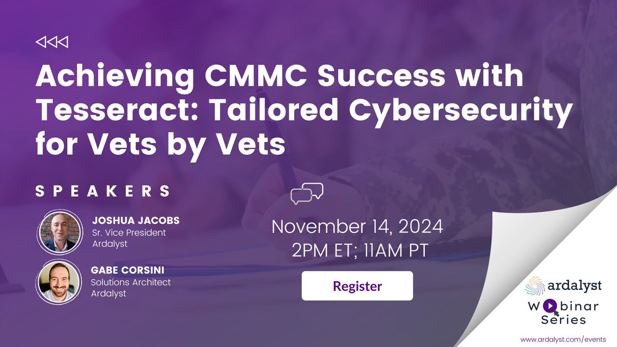 Get CMMC-compliant without the hassle! Join Achieving #CMMC Success with Tesseract: Tailored #Cybersecurity for Vets by Vets on Nov 14 at 2 PM ET | 11 AM PT. Affordable, veteran-led solutions to secure your business. 🔗 Save your spot: bit.ly/3C0TeWF
