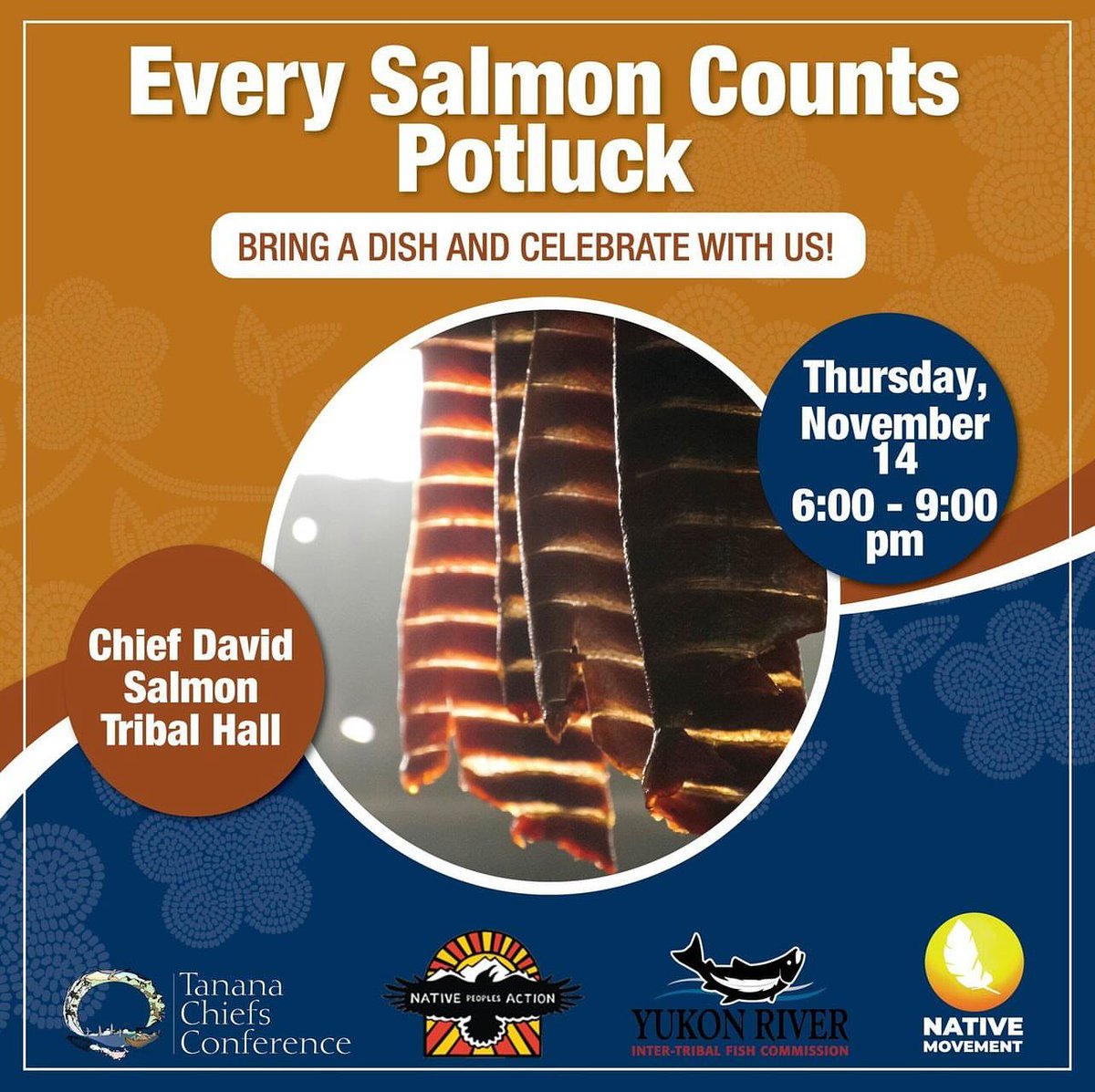Native Movement (@native_mvmt) on Twitter photo HAPPENING TOMORROW! SEE YOU THERE! 🐟
Join <a href="/TananaChiefs/">Tanana Chiefs Conference</a> , Native Movement, <a href="/NPActionAlaska/">Native Peoples Action</a> , and Yukon River Intertribal Fish Commission at our Every Salmon Counts Potluck!
Thursday, November 14th, 2024 | 6:00 - 9:00 pm | Chief David Salmon Tribal Hall
.
This will be a night HAPPENING TOMORROW! SEE YOU THERE! 🐟
Join <a href="/TananaChiefs/">Tanana Chiefs Conference</a> , Native Movement, <a href="/NPActionAlaska/">Native Peoples Action</a> , and Yukon River Intertribal Fish Commission at our Every Salmon Counts Potluck!
Thursday, November 14th, 2024 | 6:00 - 9:00 pm | Chief David Salmon Tribal Hall
.
This will be a night