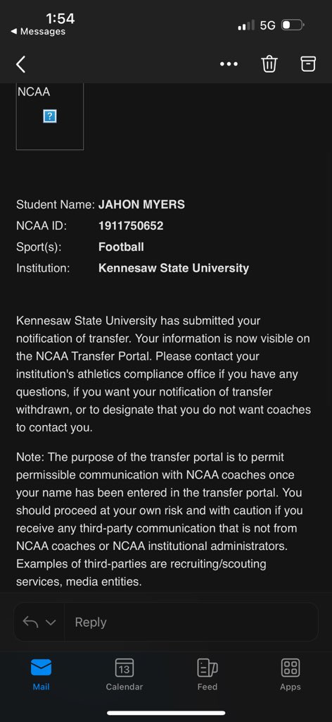 To Kennesaw State Football,

Thank you for the past 5 years of memories of numerous accomplishments and history made. To the coaches and staff, thank you for molding me into the athlete and man I am today. My time here will always be cherished. With that being said, after much