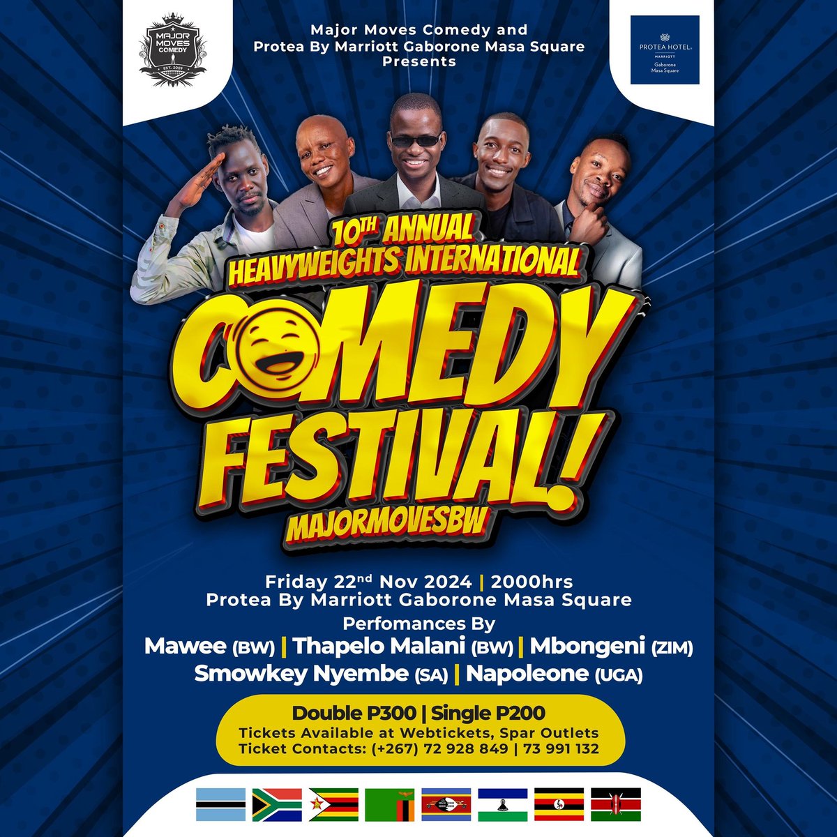 The 10th Annual #HICOFEST is back. Bigger and funnier with a fresh new lineup. 🇸🇿🇧🇼🇳🇦🇱🇸🇰🇪🇺🇬🇿🇦🇿🇲🇿🇼
📅 Fri 22 Nov 2024
⏲️ 2000hrs
📌 Protea By Marriott Gaborone Masa Square
🎟️ DOUBLE:P300 - SINGLE:P200 (<a href="/DOOR/">close the</a>:P250)