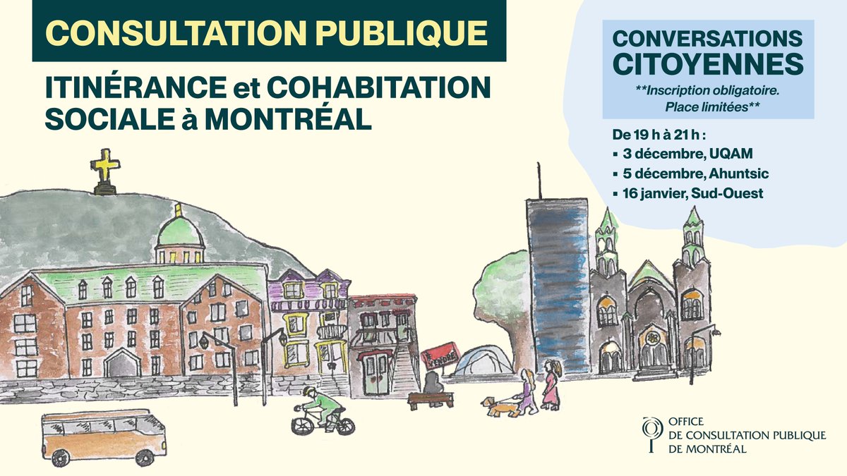 Itinérance et cohabitation sociale à Montréal | Conversations citoyennes 💬

La cohabitation sociale avec les personnes en situation d'itinérance est un sujet qui vous interpelle ? Venez en discuter avec nous ! 

✅ Inscription : bit.ly/40xR76F
⚠️ Inscription obligatoire