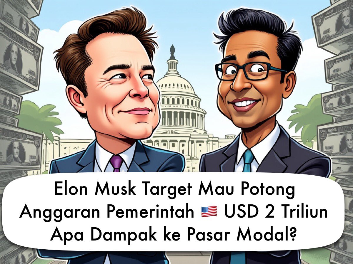 Rudiyanto_zh's tweet photo. Donald Trump, meski baru dilantik Januari 2025 nanti, sudah mulai mengumumkan pejabatnya

Elon Musk dan Vivek Ramaswamy ditunjuk sebagai Department Of Government Efficiency

Elon berencana mengefisienkan USD 2 T sekitar 30% pengeluaran pemerintah 🇺🇸 

Apa dampak ke pasar modal? https://t.co/INqbH2OnjL