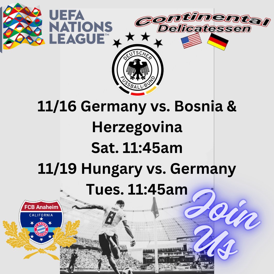 Hey Twitter. Join us for the <a href="/DFB_Team_EN/">German Football</a> game this weekend at the Continental Deli in La Habra. 
1510 W. Imperial Hwy #C La Habra, CA 90631
562-697-0333
#MiaSanMia @EURO2024 <a href="/FCBayernEN/">FC Bayern</a>  <a href="/FIFAWorldCup/">FIFA World Cup</a> <a href="/FCBayernLA2014/">FC Bayern München LA</a> <a href="/MiaSanHollywood/">Mia San Hollywood</a>