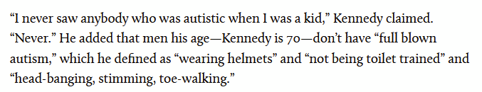 RFK Jr saying he never knew anybody who was autistic as a kid is particularly galling considering his aunt Eunice founded a day camp for kids with autism in 1962 and founded the Special Olympics in 1968

Just a completely dishonest POS